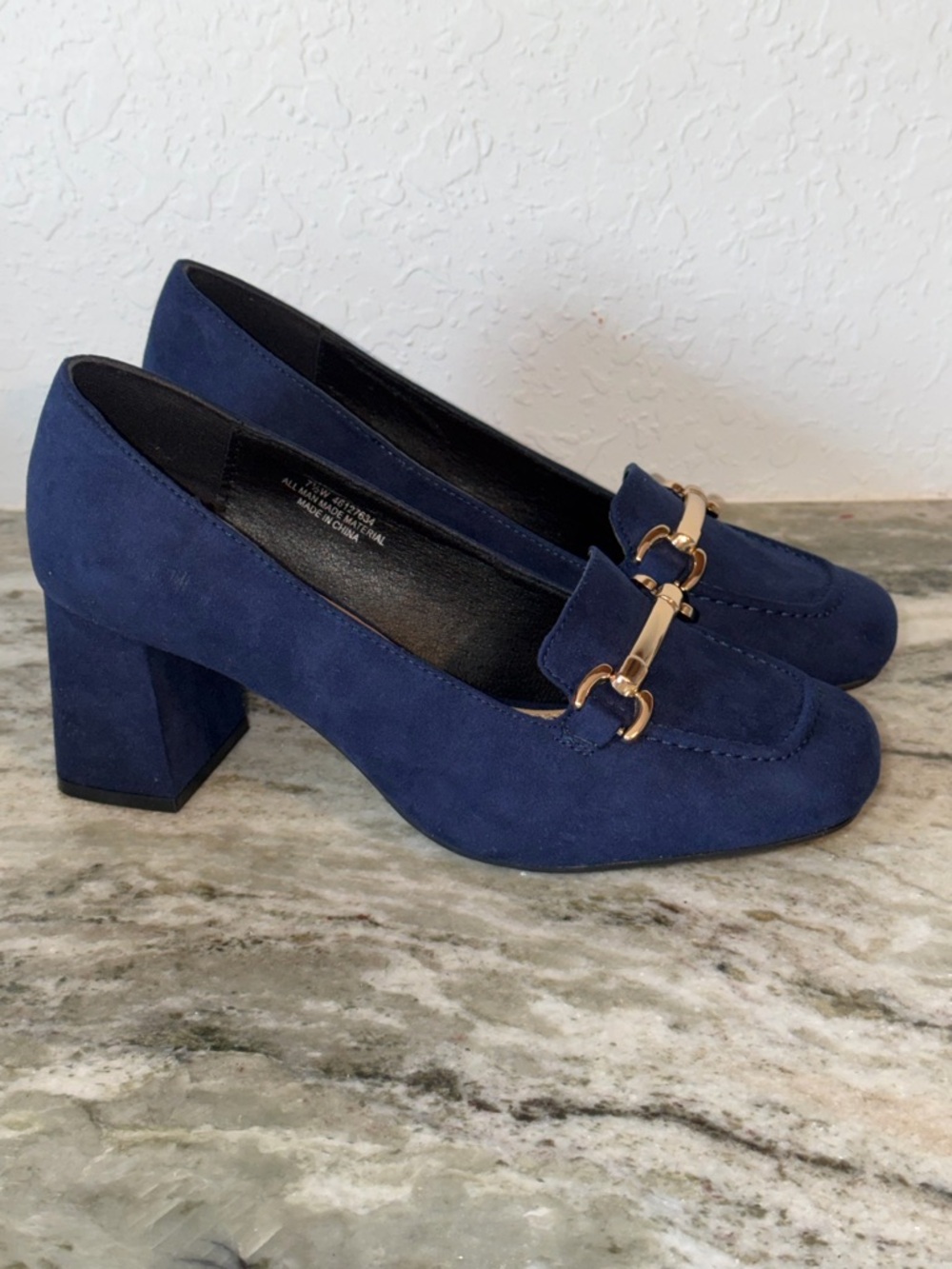 NEW without box Cato Navy Suede Block Heel Loafer Gold Buckle 7.5 WIDE Width